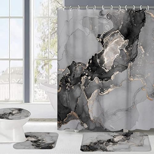 4-teiliges graues Marmor-Duschvorhang-Set, abstrakter grauer Marmor mit goldenen Adern, moderner Badezimmervorhang mit rutschfesten Teppichen, WC-Deckelbezug und Zubehörhaken (grau) von 通用