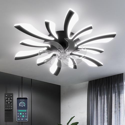 YUNLONG 78cm Deckenventilator mit Beleuchtung DC Großer Deckenlampe mit Ventilator und Fernbedienung Dimmbar Sommer/winter Deckenventilator mit Lampe Leise Moderne für Schlafzimmer Wohnzimmer,Schwarz von YUNLONG