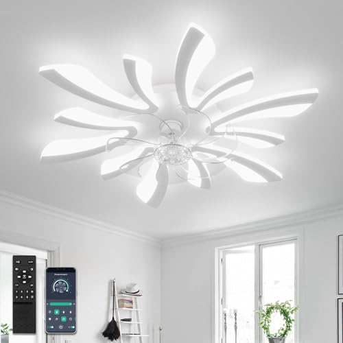 YUNLONG 78cm Deckenventilator mit Beleuchtung DC Großer Deckenlampe mit Ventilator und Fernbedienung Dimmbar Sommer/winter Deckenventilator mit Lampe Leise Moderne für Schlafzimmer Wohnzimmer,Weiß von YUNLONG