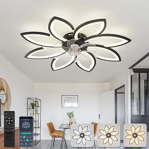 YUNLONG 90 cm Deckenventilator mit Beleuchtung Sehr Leise Wohnzimmer Dimmbar Led Lampe mit Ventilator Modern DC Motor Ventilator mit Licht Sommer Winter Funktion für Schlafzimmer Küche,Schwarz von YUNLONG