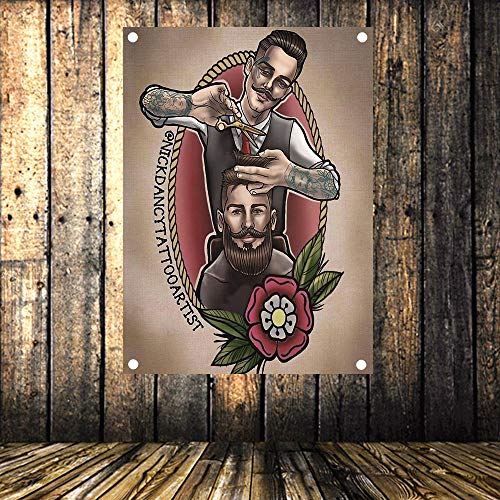 Barber Tattoo Designs Poster Wandbehang Skulptur Pomade Bild Banner Flagge Leinwand Malerei Wandkunst Barber Shop Dekoration 96 x 144 cm von 通用