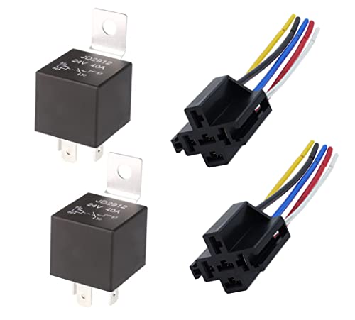 JD2912 24V 40A SPST 4-Pin Auto Relais mit Steckdose, 4-Polig KFZ Fahrzeug Motor Relais mit Drähte,Umschalt Relais Blinkrelais Pack of 2 von 通用
