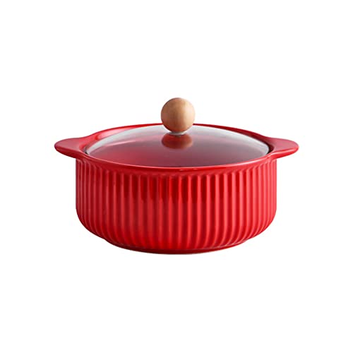 JLWM Suppenschüssel mit 2 Henkel Keramik Instant-Nudelschüssel Suppentopf Glasabdeckung Japanischer Stil Geschirr Groß (1000ML-mit Deckel, Rot) von 通用
