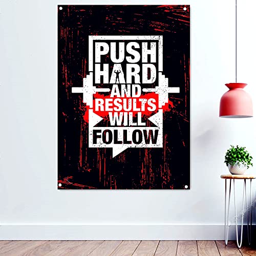 Motivationsposter, Motiv: "Push Hard and Results" mit englischer Aufschrift "Will Follow", für Fitnessstudio, Workout, Fitness, Bodybuilding, Übung, Tapete, Banner mit Flagge, Wanddekoration von 通用