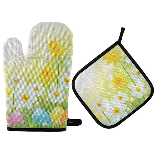 Ofenhandschuhe Ostereier Gras Narzissen Blumen Frühling Topfhandschuhe Thermoisolierung Kochhandschuhe Waschbare Grillhandschuhe Für Mikrowelle BBQ Kochen von 恩施市泊希商贸有限公司