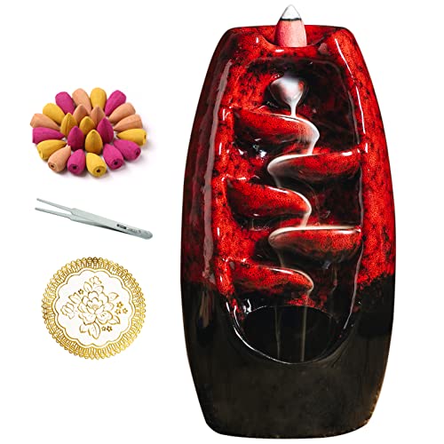 Keramik Weihrauchbrenner mit 120 Kegel Räucherkegel Weihrauchhalter Wasserfall Ornament Aromatherapie Ornament Zen Home Decor (Rot) von 通用
