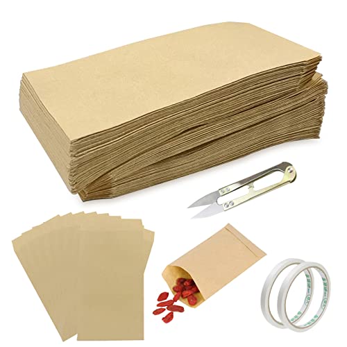 WZYTEU 200 Stück Papiertüten Klein, Papierbeutel Mini mit 2 Stk Doppelseitenband und 1 Stk Schere für Blumensamen, Tabletten, Pillen, Bonbon usw(10×6cm) von 通用