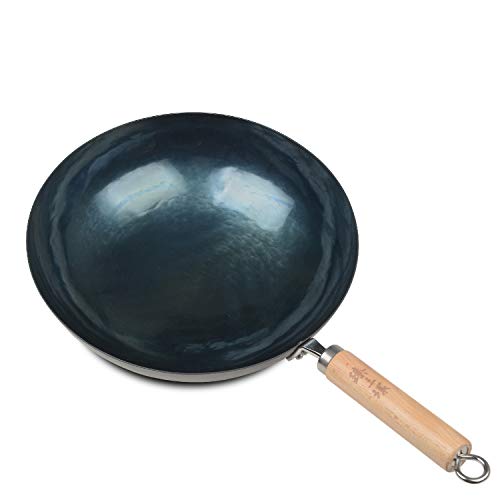 ZhenSanHuan Handgehämmerte Eisen-Wok-Pfanne mit rundem Boden, 30 cm im Durchmesser, Holzgriff ohne Haltegriff, voreingebrannt von 臻三环