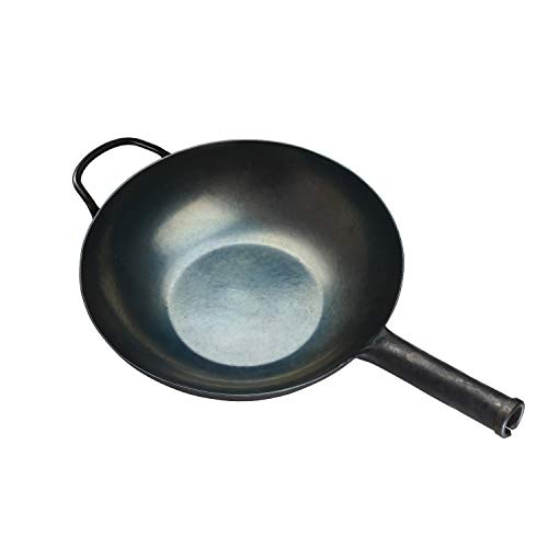 ZhenSanHuan Handgehämmerter Eisen-Wok mit flachem Boden, induktionsgeeignet, 34 cm im Durchmesser, Eisengriffstange inklusive Silikonschutz-Überzug sowie ein Haltegriff von 臻三环