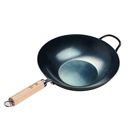 ZhenSanHuan: Handgehämmerter Eisen-Wok mit flachem Boden, induktionsgeeignet, 34 cm im Durchmesser, Holzgriffstange mit Haltegriff von 臻三环