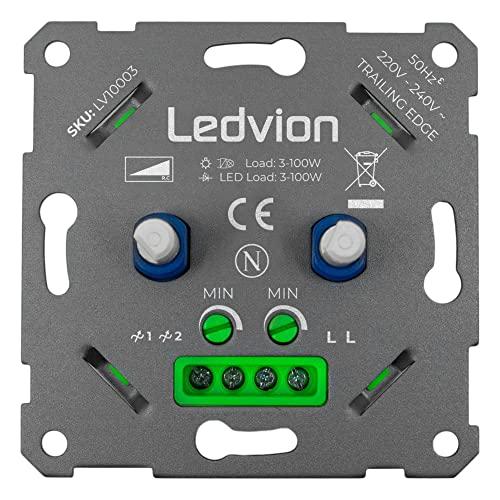 Ledvion LED Dimmer, Für Zwei3-100 Watt, Universal, Lampe LED, Einbaudimmer, Dimmschalter, Dimmer LED Lampen, Phasenabschnittsdimmer LED, Inkl. Adapter von Ledvion