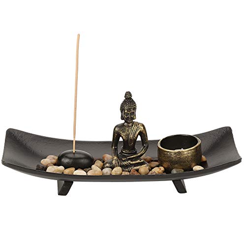 Lotus Zen Garden Set, 1 Set Zen Buddhism Candlestick Weihrauchhalter Einrichtungsgegenstände Zen Garden Buddha Statue mit Teelichtkerze und Weihrauchbrennerhalter für die Inneneinrichtung von 01