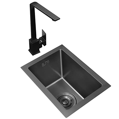 0XBIT Wasserhahn für Küchenspüle, Waschbecken, schwarze Küchenbar, integrierter Edelstahl mit Wasserhahn und Zubehör (Farbe: Schwarz, Größe: 45 x 30 x 21 cm) von 0XBIT
