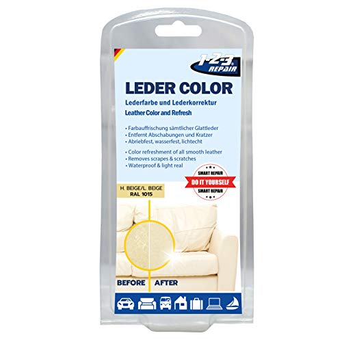 1-2-3 REPAIR® Lederfarbe hellbeige - Professionelles Leder Reparatur Set hellbeige - Effektive Lederpflege für Sofa & Couch - Flüssigleder beige - Einfach & mühelos Leder Risse reparieren & färben von 1-2-3 REPAIR