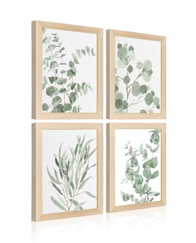 Botanische Pflanze Wandkunstdrucke: Salbeigrün Eukalyptus Bild Dekor 4 Stück gerahmt Boho Blätter Poster für Badezimmer Schlafzimmer Wohnzimmer Heimdekoration 20,3 x 25,4 cm von 1 KINGO
