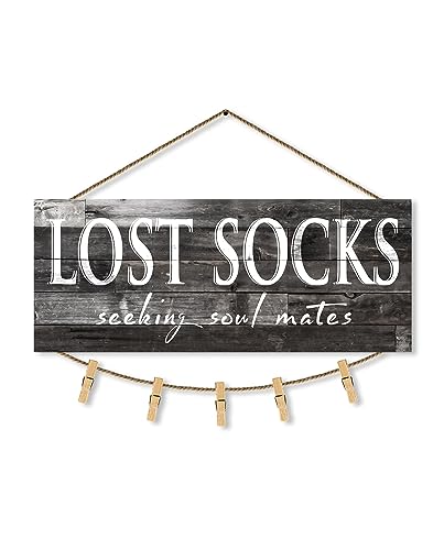 1 KINGO Lost Socks Laundry Room Schild, Bauernhaus-Wanddekoration, Wäscheschild, Lost Socks Seeking Soul Mates, Leinwanddruck, rustikale Plakette, Badezimmer-Dekoration, 15,2 x 38,1 cm von 1 KINGO