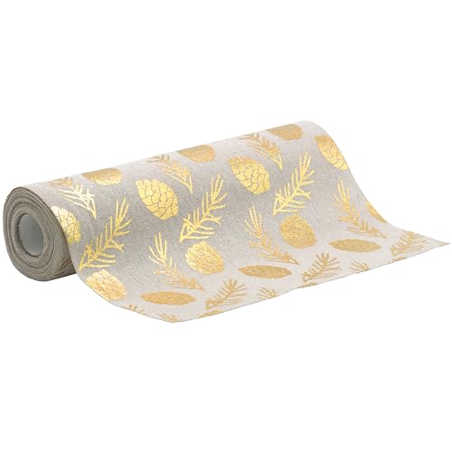 100%Mosel Tischläufer Leinenoptik Natur, Kiefernzapfen in Gold, (28 cm x 5 m), Tischband, edle Tischdeko für Weihnachten & Adventszeit, Festliche Dekoration zu besonderen Anlässen von 100%Mosel