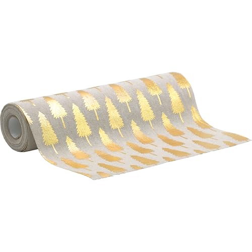 100%Mosel Tischläufer Leinenoptik Natur, Tannenbäume in Gold, (28 cm x 5 m), Tischband, edle Tischdeko für Weihnachten & Adventszeit, Festliche Dekoration zu besonderen Anlässen von 100%Mosel