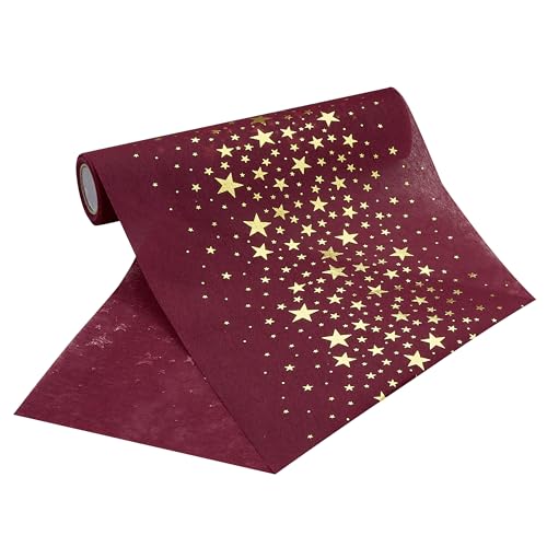 100%Mosel Vlies Tischläufer, in Bordeaux Rot, Sterne in Gold (20 cm x 5 m), dekoratives Tischband, edle Tischdeko für Weihnachten und Advent von 100%Mosel