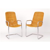 Pair Of 1970S Italian Cantilever Chairs | Mr20 Style Chromed Metal Frame, Woven Rattan, Vintage, Worldwide Shipping von 1001VintageChairs