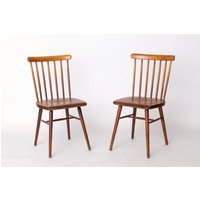 Pair Of Vintage Spindle Back Chairs - 1970S Beech Wood, Restored Rustic Seating von 1001VintageChairs