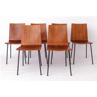 Set Of 6 Vintage Plywood Chairs From The 1960S - Refurbished Teak Shell & Polished Metal Legs Set Of 6 Vintage Plywood Chairs From The 1960S - Refurbished Teak Shell & Polished Metal Legs von 1001VintageChairs