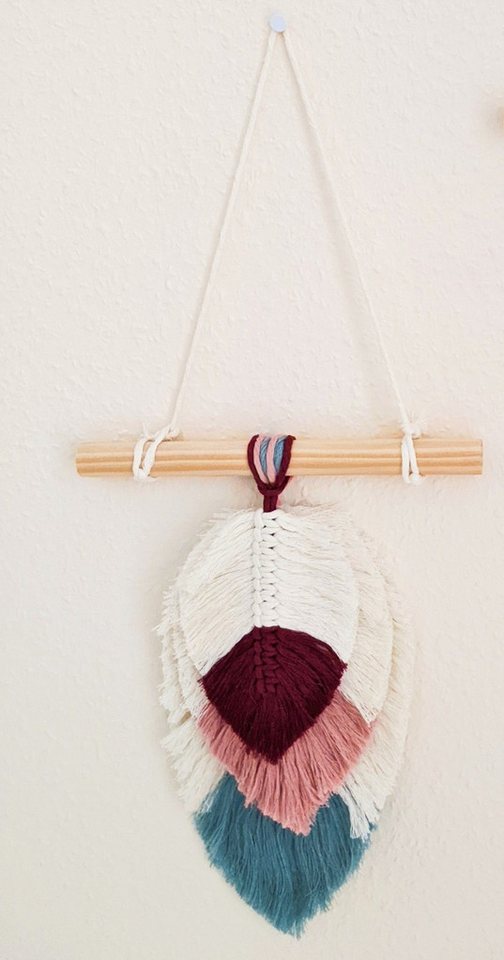 101DIYStudio Dekoobjekt Makramee Wandbehang Bunt mit Blättern im Boho Stil, handgefertigt von 101DIYStudio