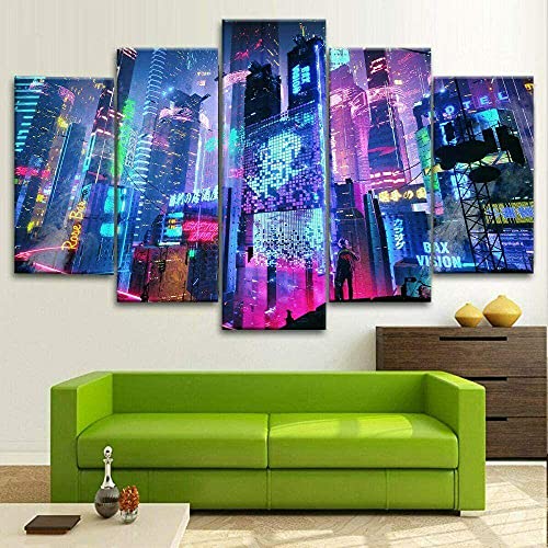 104Tdfc 5 teilig Bilder wandbild 200x100CM Bunte Neon City Cyberpunk 5 TLG Modulare Wandkunst Wandaufkleber Teiliges Vlies Leinwandbild Dekoration von 104Tdfc