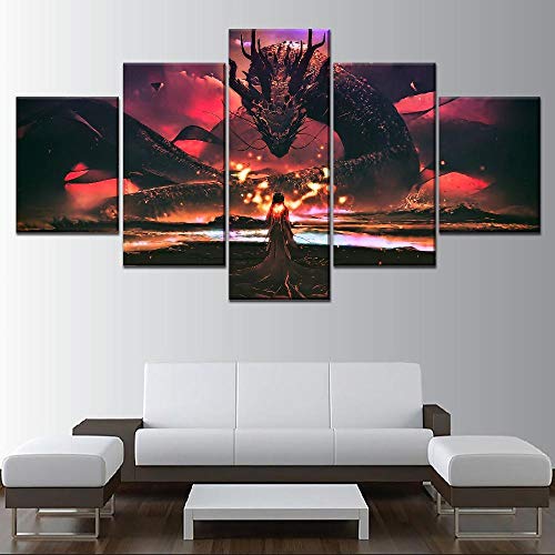 104Tdfc Bilder XXL 5 Teile wandbild leinwandbilder Kunstdrucke Drache und Mädchen XXL 5 Teiliges Wandbild Mit Rahmen Größe 150x80CM Leinwandbild Wandbilder Cadeau von 104Tdfc