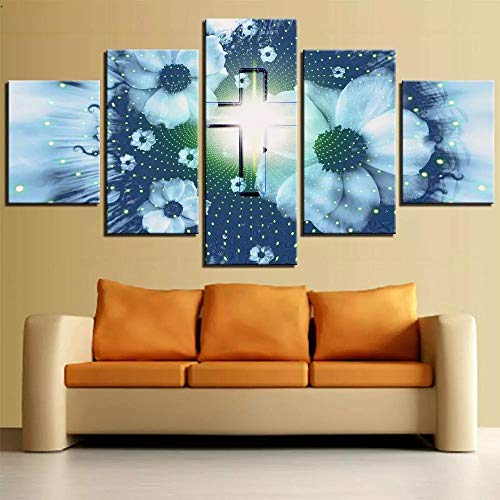 104Tdfc DIY Leinwandbild 5 Teile Bilder Farbe Kreuz Gott Blumen Religion 5 teilige Wandbilder Wandbilder Kunstdruck 150X80cm Mit Rahmen Vlies Leinwanddrucke Leinwandbilder Cadeau von 104Tdfc