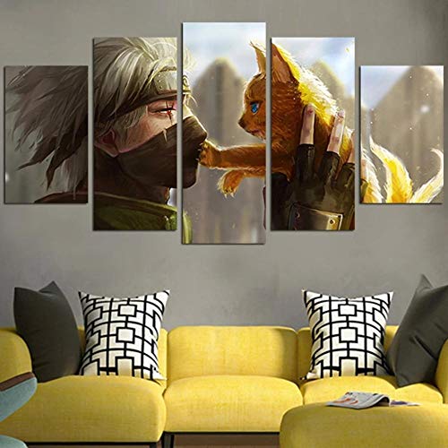 104Tdfc Leinwandbild 5 Teile Bilder Kakashi Hatake und Katze 5 teilige Wandbilder Wandbilder Kunstdruck 150X80cm Mit Rahmen Vlies Leinwanddrucke Leinwandbilder Cadeau d'Halloween von 104Tdfc