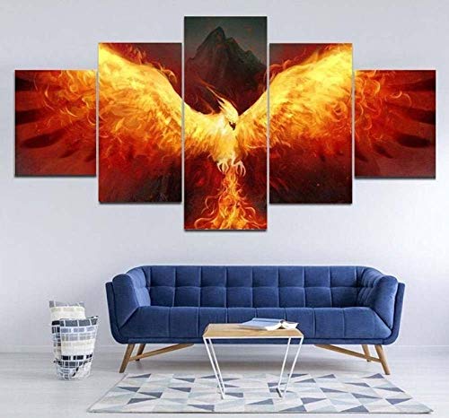 5 Teile Bild Auf Leinwand Leinwandbilder Feuer Phoenix Druck, Phoenix Wandkunst Tapete Dekorative Wandbild Für Wohnzimmer Home Decor 100X55 cm (Mit Rahmen) von 104Tdfc