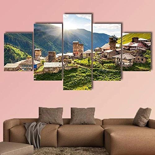 5 Teilige Leinwandbilder Painting Kunstdruck Blick auf das Dorf Adishi in Georgien Bilder auf Leinwand 5 Teile Leinwanddrucke Wohnzimmer Wohnkultur 100X55Cm von 104Tdfc