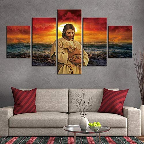 Bilder XXL 5 Teile wandbild leinwandbilder Kunstdrucke Jesus Christus Lamm Sonnenuntergang XXL 5 Teiliges Wandbild Mit Rahmen Größe 100x55CM Leinwandbild Wandbilder Cadeau d'Halloween von 104Tdfc