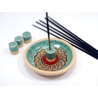 Runder Räucherstäbchenhalter Aus Keramik Mit Mandala-Muster - Wähle Deine Farbe Weihrauchbrenner | Schmuckschale Schmuckaufbewahrung von 10FingersArt