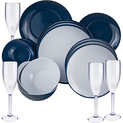 Camping Geschirr Set aus Melamin und Glas Set für 4 Personen - 16 Teile - Campinggeschirr - blau weiß - mit Sektglas 150 ml - Gläsern - Essgeschirr von #11
