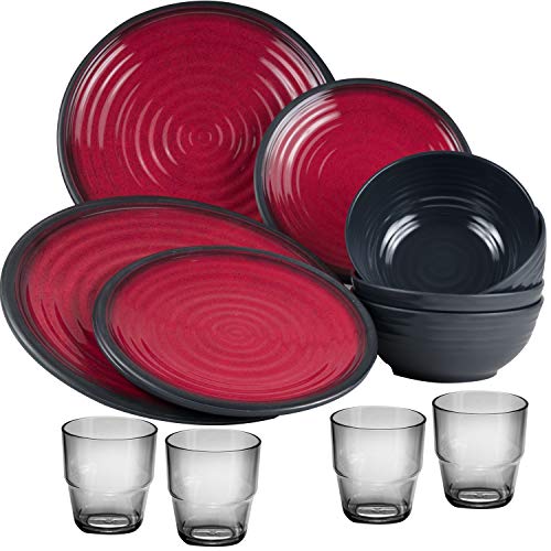 Melamin Camping Geschirr Set für 4 Personen 16 Teile mit Trinkglas rot schwarz- Essgeschirr Gläser Wasserglas Tumbler Whiskey - Campinggeschirr Picknick modern Outdoor von #11