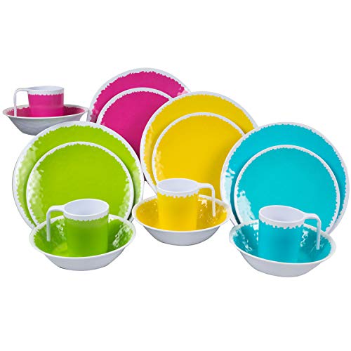 Melamin Camping Geschirr für 4 Personen in BUNTEN Farben 16 Teile - mit je 4 großen Teller, 4 Dessertteller, 4 Schälchen, 4 stapelbare Tassen - sehr robust - farbecht - sommerliches Design von #11