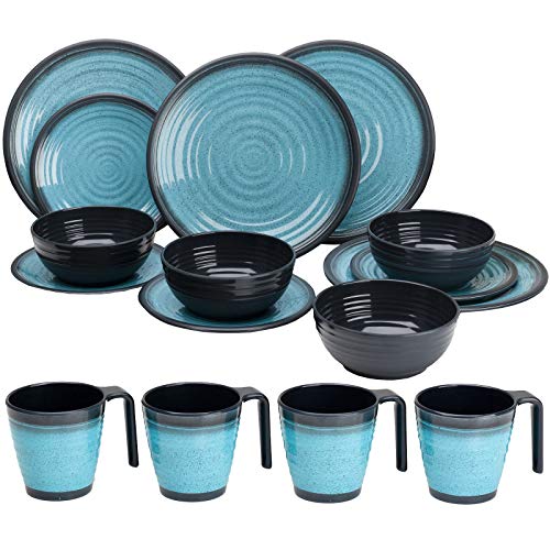 Melamin Camping Geschirr für 4 Personen in Blau 17 Teile - mit Waschschüssel - mit je 4 großen Teller, 4 Dessertteller, 4 Schälchen, 4 Tassen - sehr robust dickwandig - farbecht - modernes Design von #11