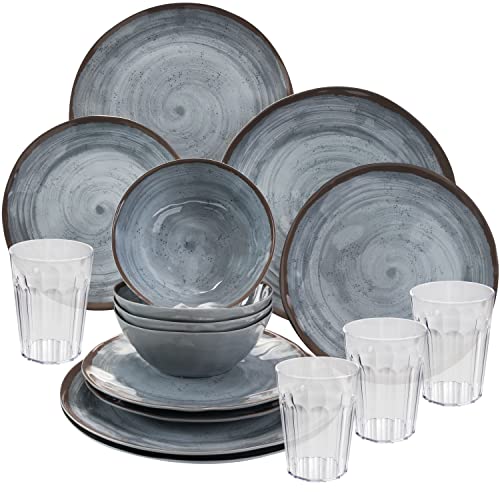Melamin Camping Geschirrset für 4 Personen - 16 Teile - mit Trinkgläsern klar 450 ml - grau Essgeschirr modernes Campinggeschirr Tafelgeschirr Outdoor von #11