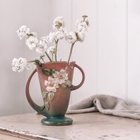 Roseville Keramik Rose Vase | Vintage 1940Er Jahre Blumenvase Mit Griffen Blaugrüne Und Rosa von 1100WestCo