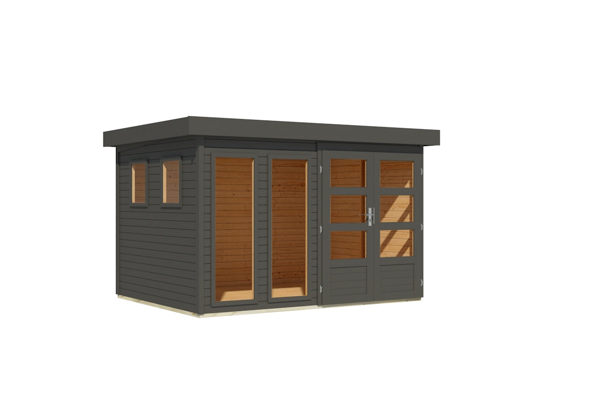 Karibu Gartenhaus Lahar 3,5/5/6 - 19 mm Außen komplett in terragrau lackiert 302 x 246 cm (Lahar 5) - 50% Rabatt auf Dacheindeckung von Karibu