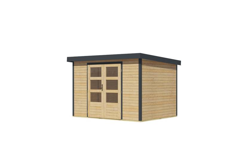 Karibu Metall-Holzgartenhaus Hybridhaus Jupiter A/B/C/D - 19 mm/0,75 mm Holz-Ausführung: naturbelassen Blech-Ausführung: anthrazit 302 x 217 cm (Jupiter 4) von Karibu