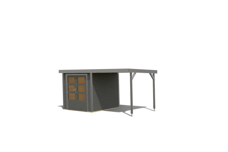Karibu Metall-Holzgartenhaus Hybridhaus Jupiter B inkl. Anbaudach - 19 mm-213 x 217 cm- Holz-Ausführung: terragrau - Blech-Ausführung: graualuminium von Karibu