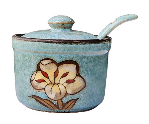 123Arts Keramik-Aufbewahrungsdose mit Deckel und Löffel, Retro-Blumen-Design, für Zucker, Salz, Pfeffer von 123Arts