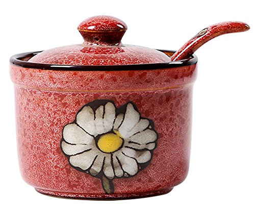 Keramik-Vorratsdose mit Deckel und Löffel, Retro-Blume, für Zucker, Salz, Pfeffer von 123Arts