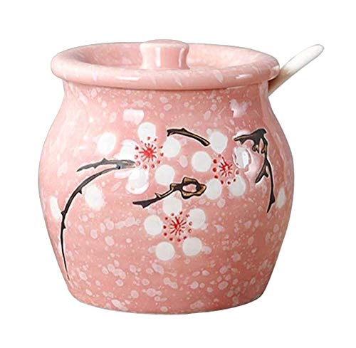 Keramik-Zuckerdose mit japanischer Blume, Gewürzdose, Salz, Vorratsdose mit Deckel, Löffel von 123Arts