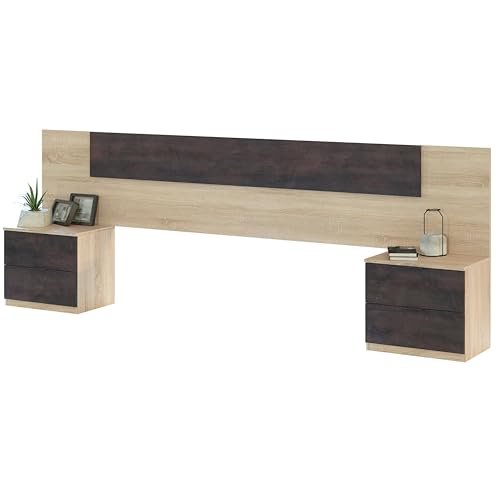 Habitdesign Alaya, Kopfteil + 2 Tische und 4 Schubladen, 247 x 95 x 38 cm (B x H x T), Farbe: kanadische Eiche und Rost, Set mit Kopfteil und 2 Nachttischen von Habitdesign
