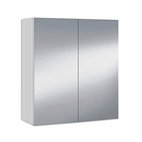 Badezimmer-Wandschrank mit zwei verspiegelten Flügeltüren und zwei Innenregalen, glänzend weiß, 60 x 65 x 21 cm. von ARKITMOBEL