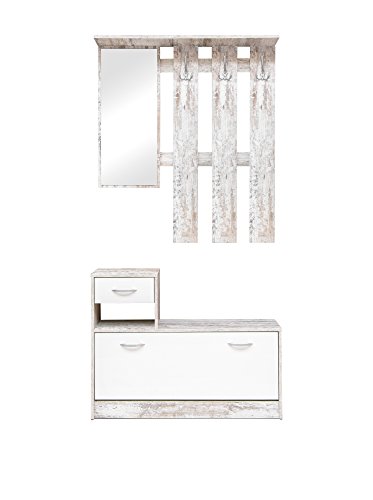 Eingangsmöbel mit Spiegel, Eingang für Flur mit Schuhregal, Taschenleerer für kleine Wohnungen, cm 100x25h180, Farbe Weiß und Birke von 13casa
